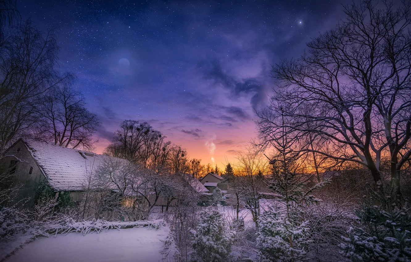 Фото обои зима, снег, деревья, пейзаж, природа, рассвет, дома, утро