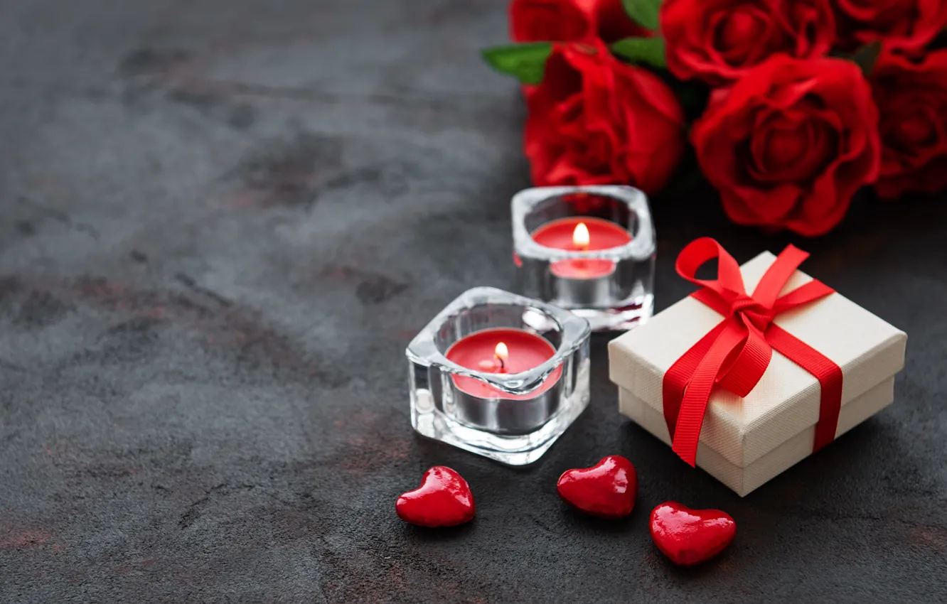 Фото обои праздник, подарок, романтика, свечи, сердечки, красные, розочки, Olena Rudo