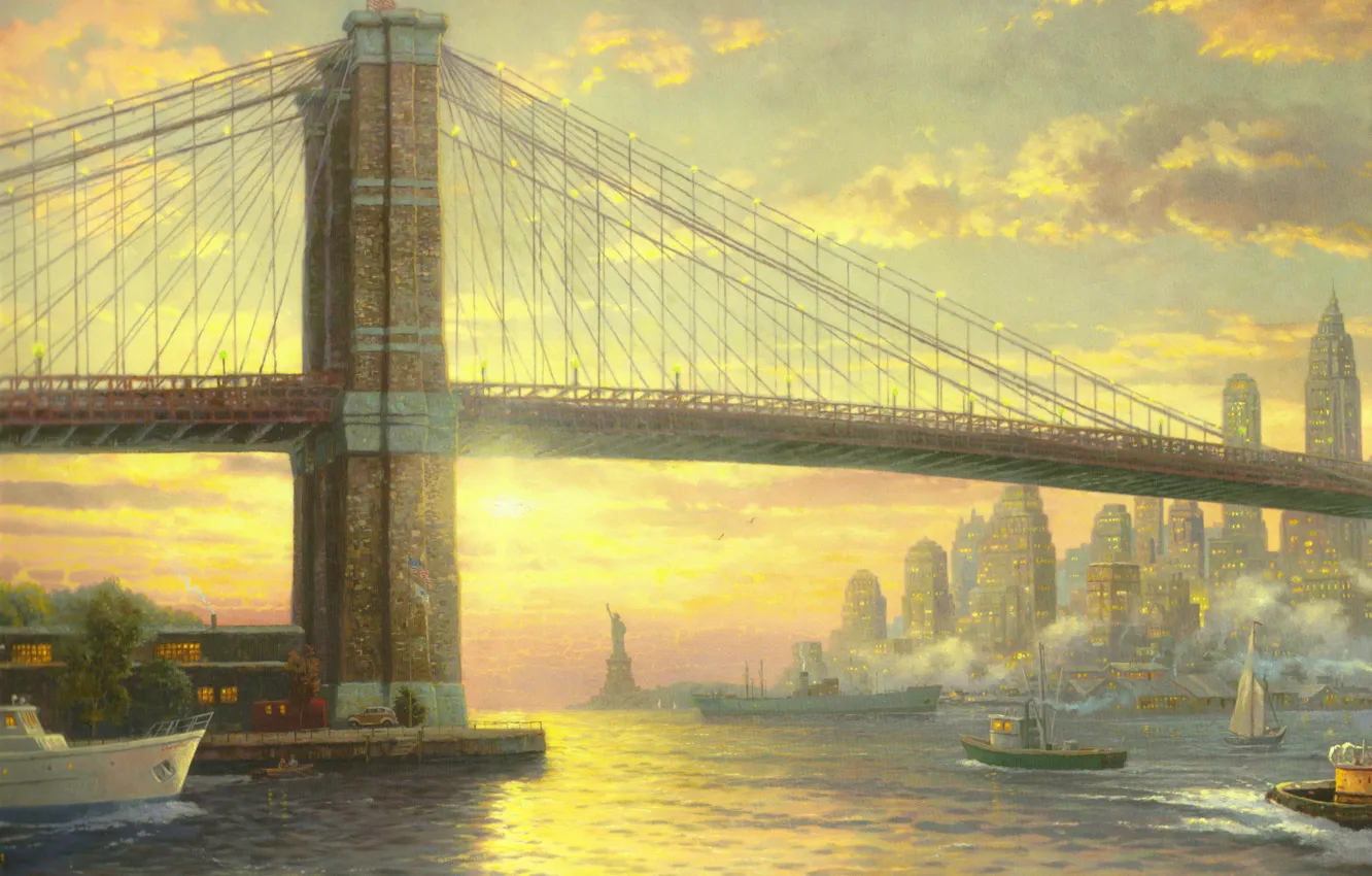 Фото обои мост, city, океан, здания, Нью-Йорк, флаг, катер, парус