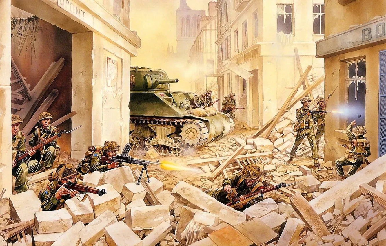 Фото обои смысл, арт, солдаты, танк, руины, сражение, захват, операция