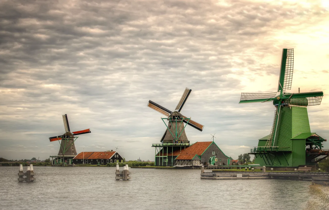 Фото обои мельницы, Нидерланды, Голландия, Zaanse Schans, Zaanstad