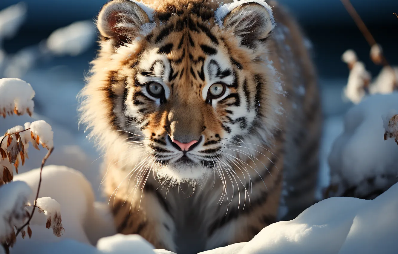 Фото обои зима, взгляд, свет, снег, ветки, природа, тигр, сугробы