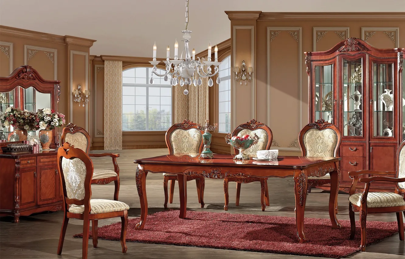 Фото обои стол, мебель, стулья, интерьер, зеркало, люстра, вазы, interior