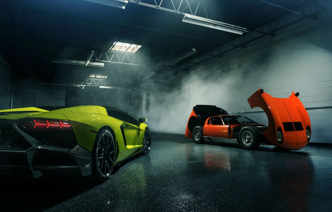 Фото обои Lamborghini, Orange, Green, Miura, Aventador, Supercars, LP720-4, 50 Anniversario