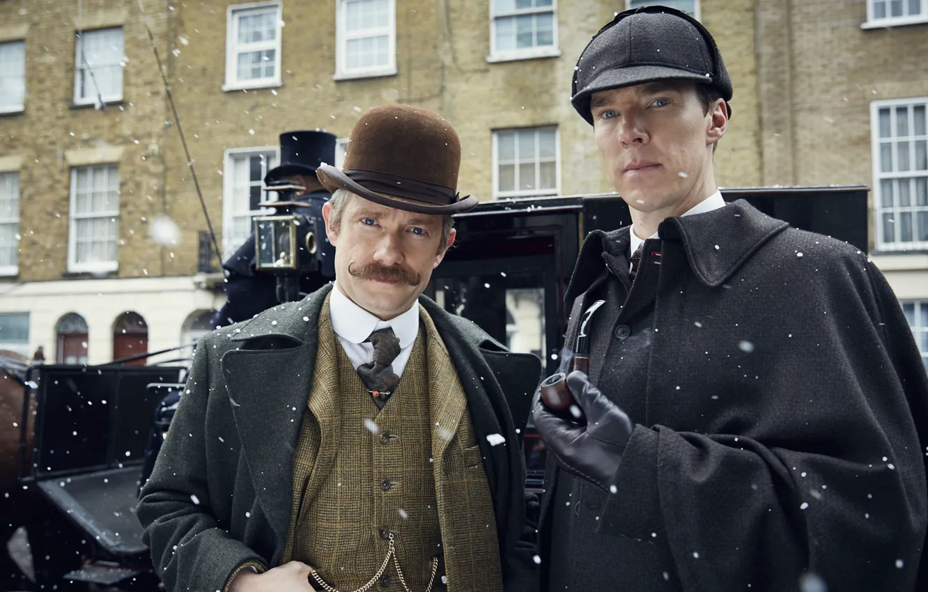 Фото обои зима, снег, двое, Шерлок Холмс, Невеста, Мартин Фриман, Бенедикт Камбербэтч, Sherlock