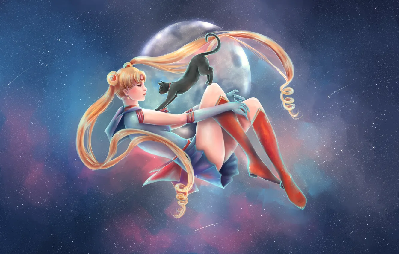 Фото обои кот, девушка, звезды, луна, арт, bishoujo senshi sailor moon, матроска, Luna