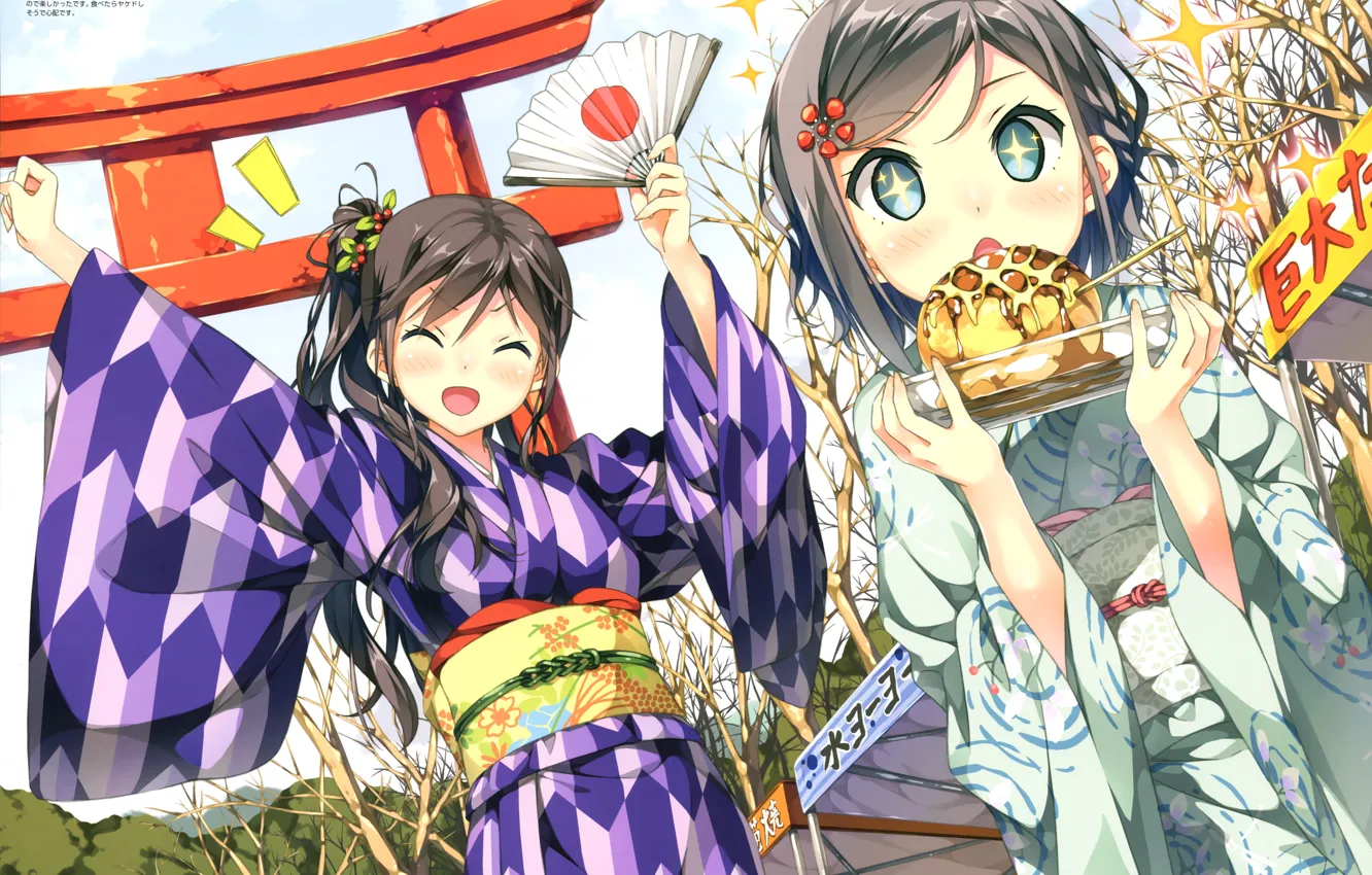 Фото обои радость, весна, веер, румянец, вкуснятина, юката, tsukiko tsutsukakushi, ouji to warawanai neko