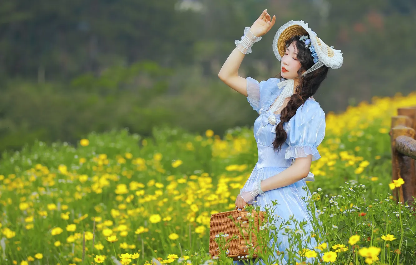 Фото обои Beautiful, Asian, Model, Flowers, Woman, Hat, Cute, Pretty