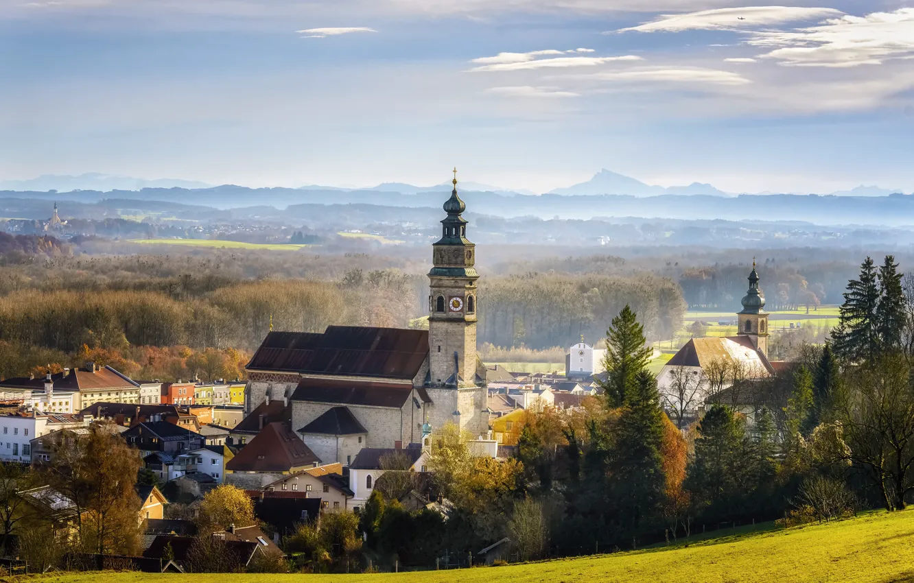 Фото обои пейзаж, природа, дома, Германия, Бавария, церковь, городок, леса