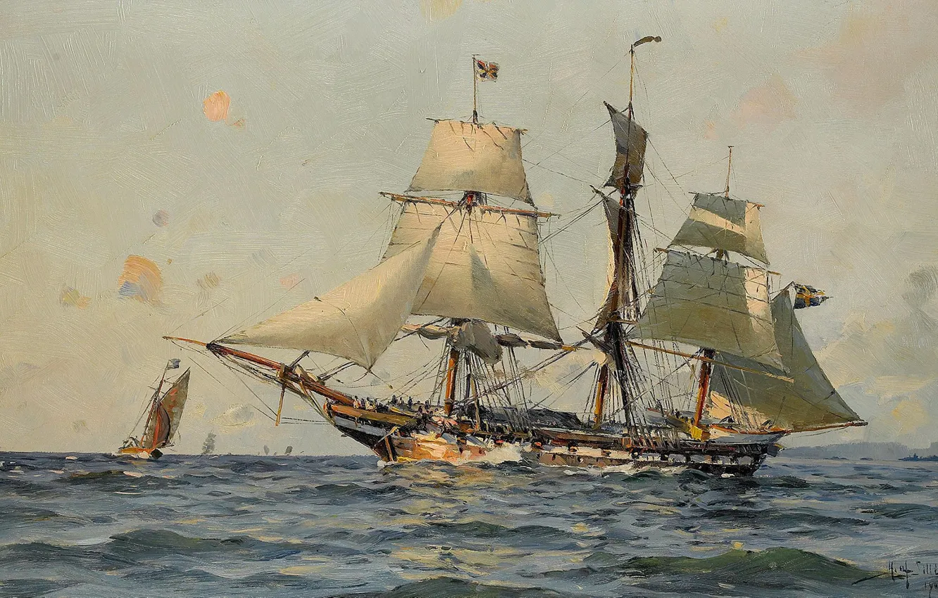 Фото обои морской пейзаж, Herman Gustav Sillen, Шведский военный корабль, Море и корабли