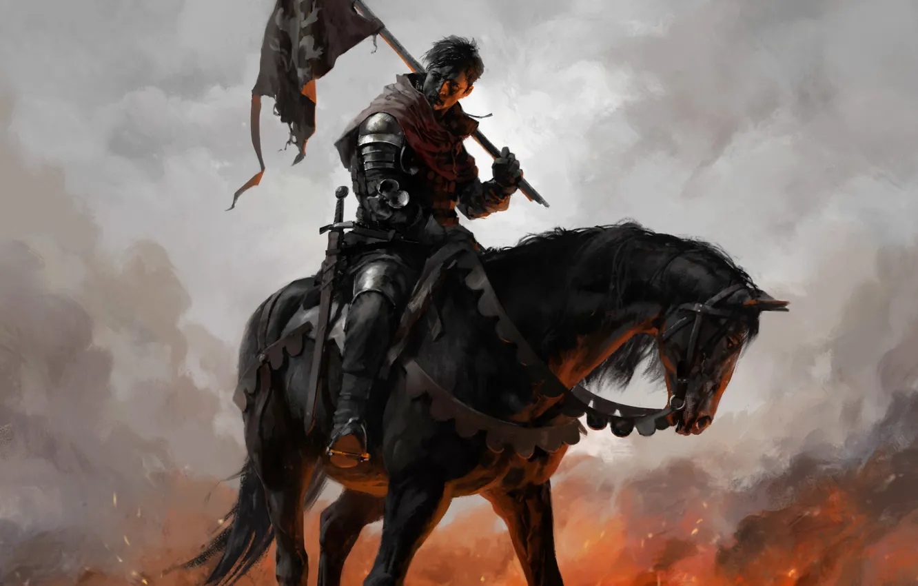 Фото обои sword, armor, weapon, man, ken, blade, flag, horse