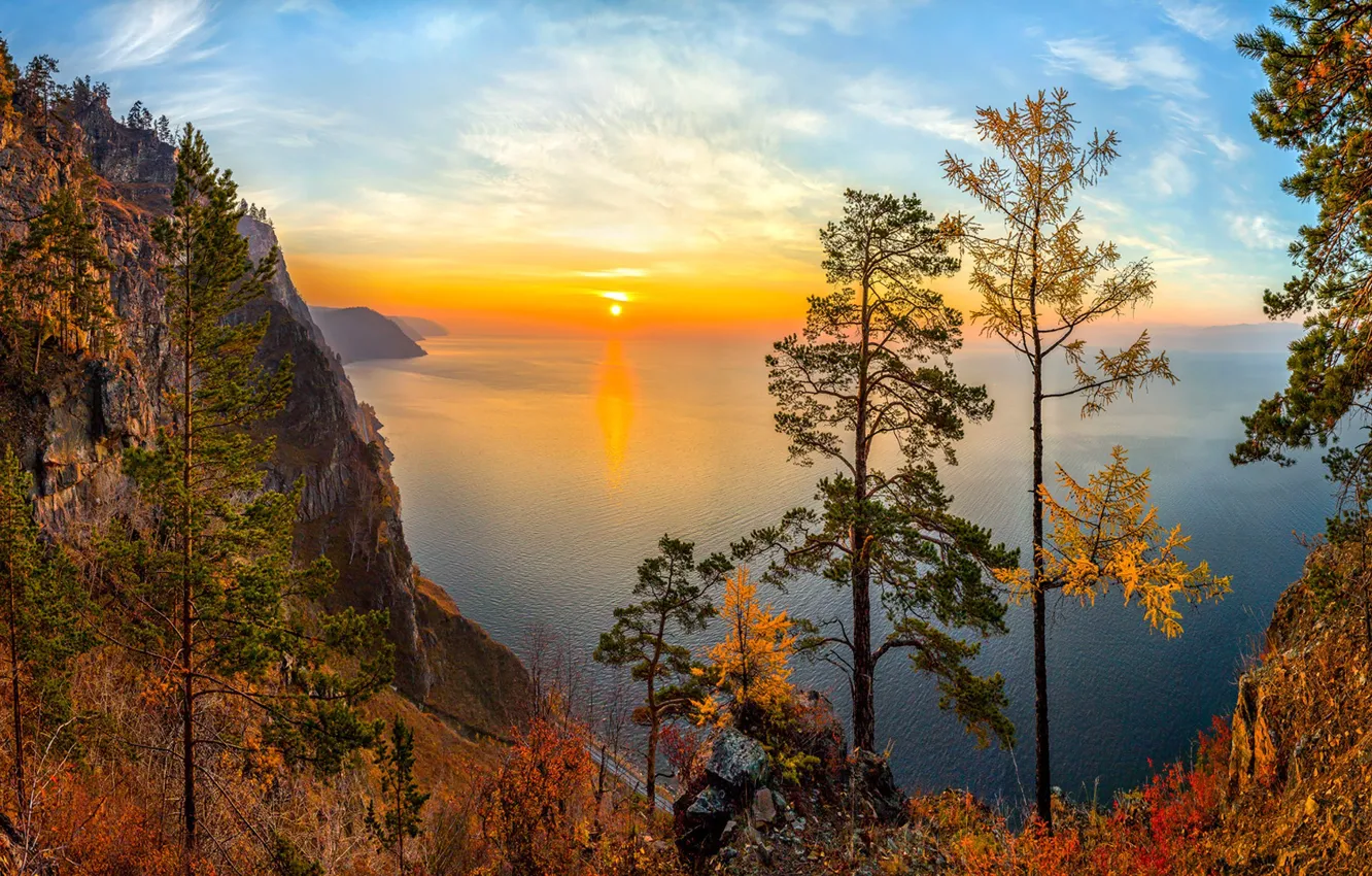 Фото обои осень, деревья, закат, скала, озеро, вид, Россия, Озеро Байкал