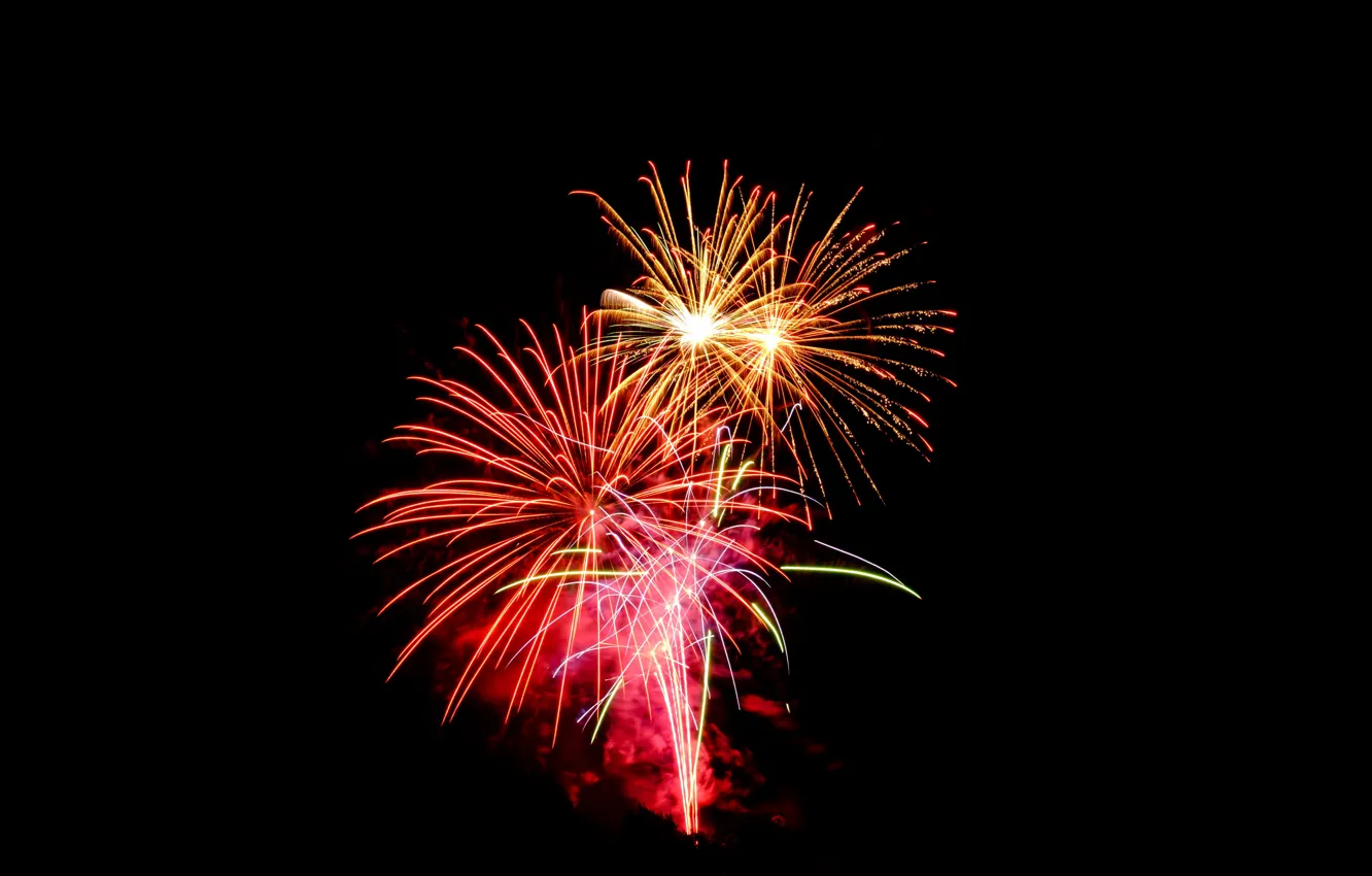Фото обои ночь, праздник, салют, черный фон, night, вспышки, fireworks, holiday
