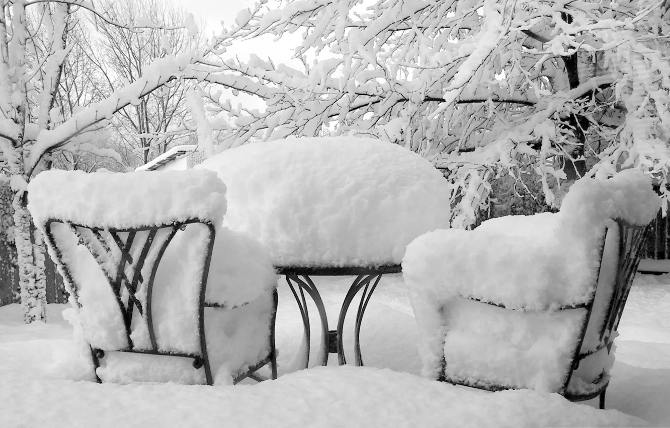 Фото обои зима, снег, деревья, фото, фон, обои, стулья, Природа