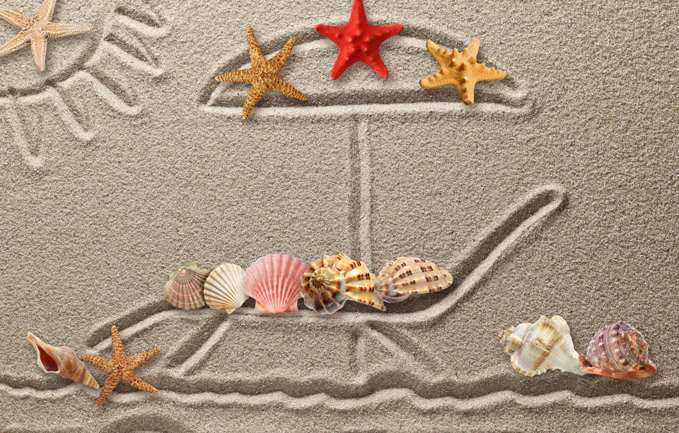 Фото обои песок, рисунок, ракушки, texture, sand, drawing, starfish, seashells