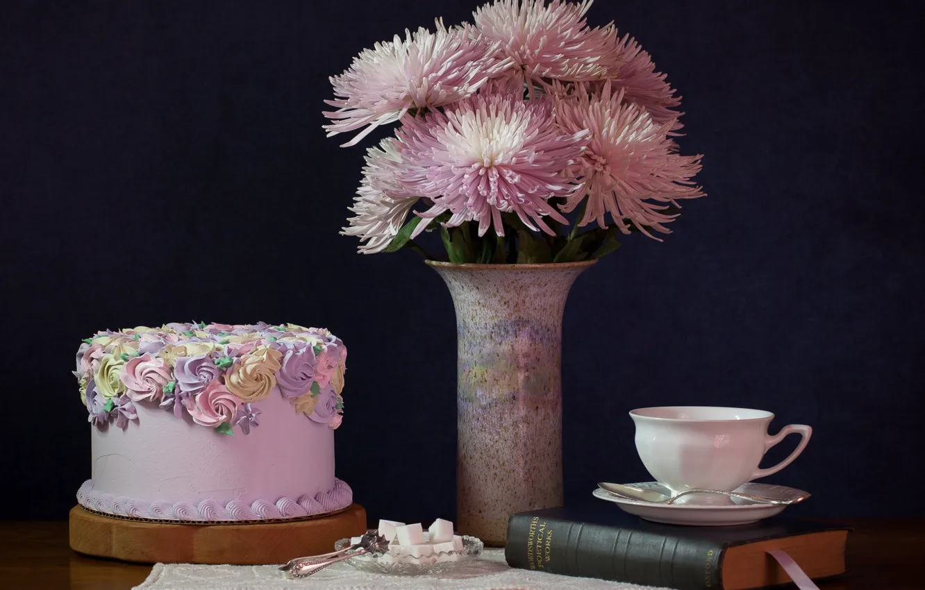 Фото обои цветы, чашка, торт, астры