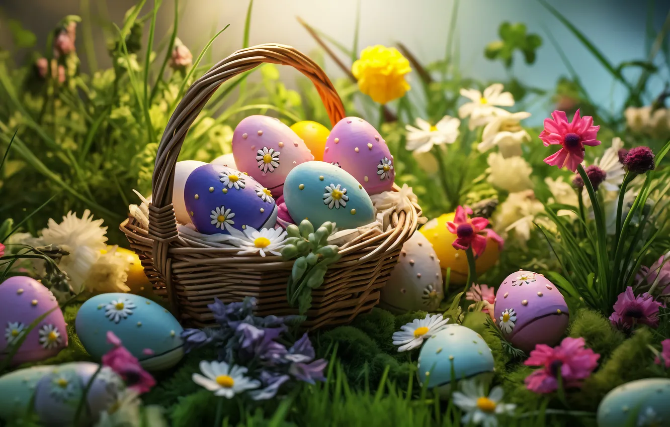 Фото обои цветы, корзина, поляна, яйца, весна, colorful, Пасха, happy