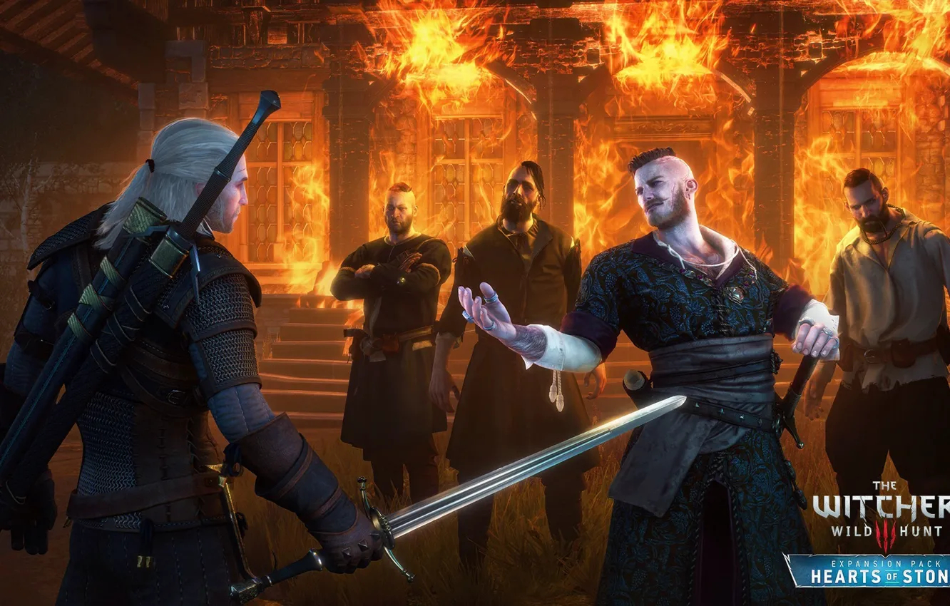 Фото обои огонь, Геральт, DLC, The Witcher 3: Wild Hunt, дополнение, Ведьмак 3: Дикая Охота, Hearts of …