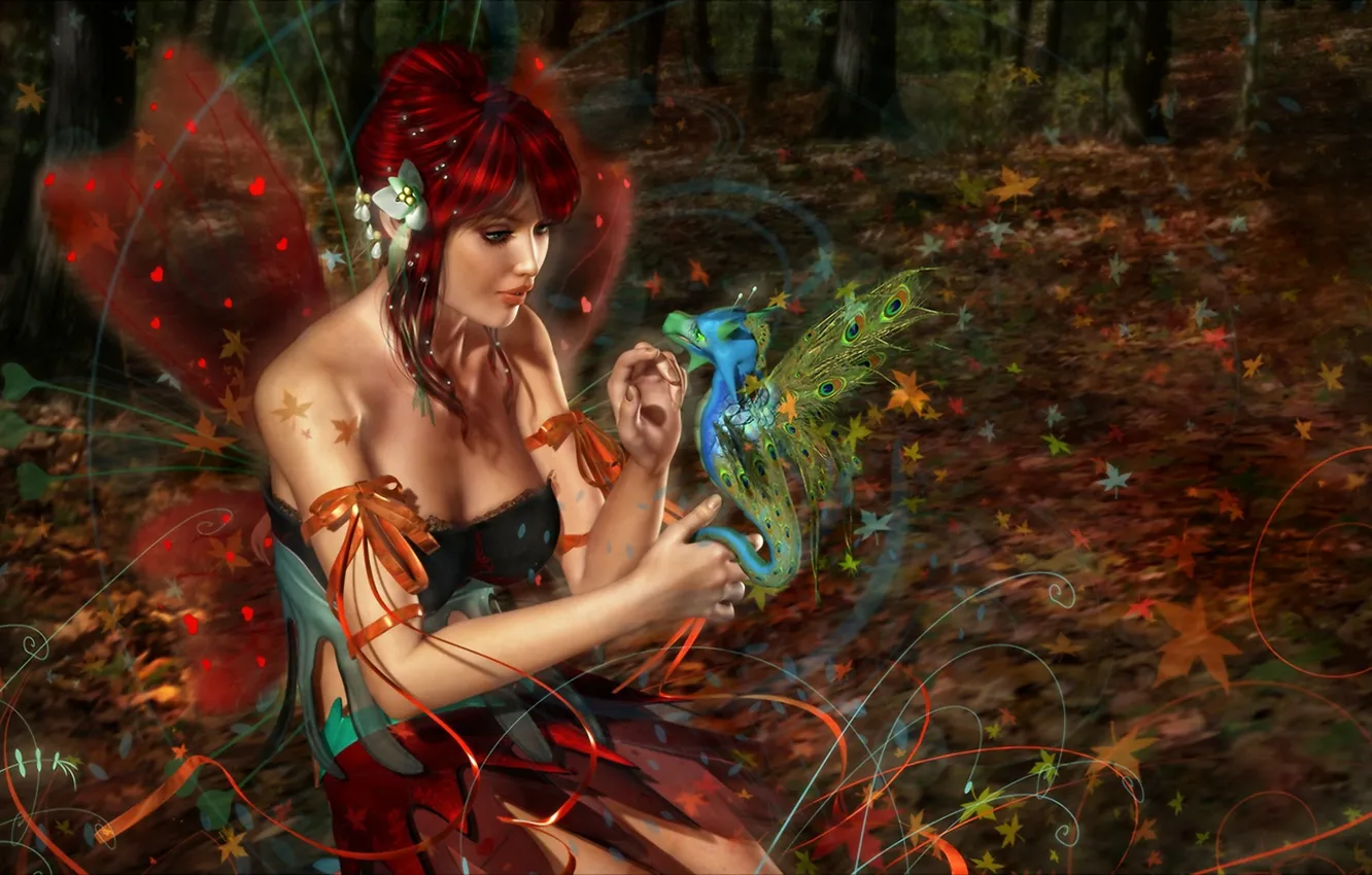 Фото обои лес, девушка, дракон, крылья, фея, рыжая, 3d art