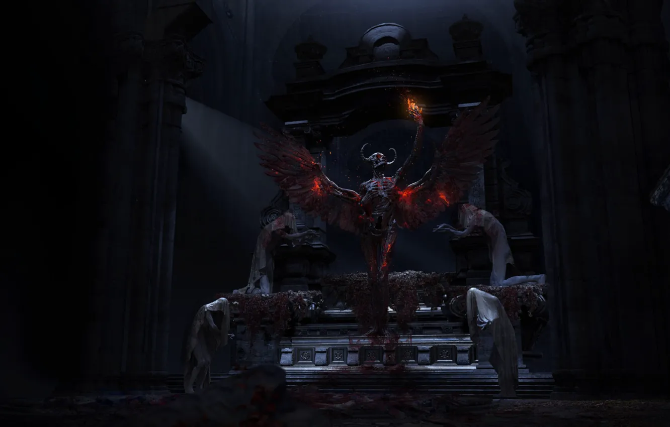 Фото обои скелет, дьявол, кровища, на коленях, гробница, огненные крылья, рогатый бог, обряд