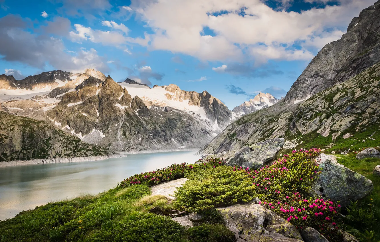 Фото обои облака, пейзаж, горы, природа, озеро, камни, растительность, Швейцария