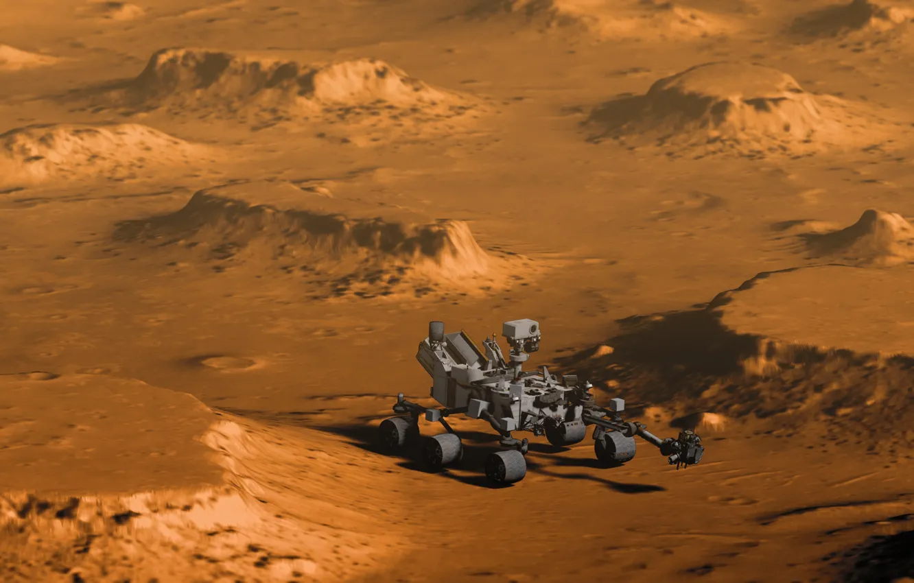 Фото обои поверхность, Марс, марсоход, Curiosity, Кьюриосити