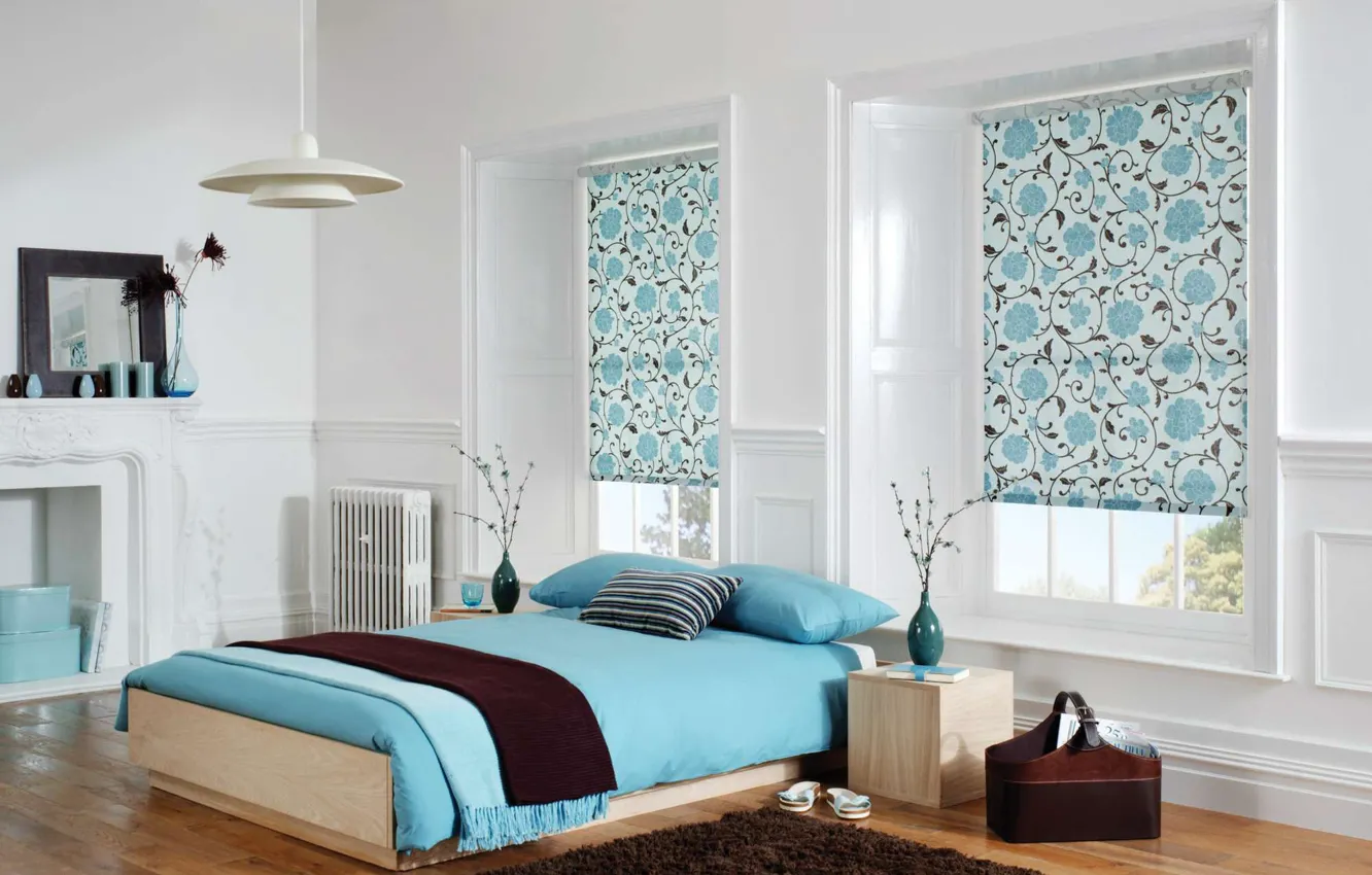 Фото обои дизайн, комната, голубое, белье, интерьер, люстра, спальня, вазы