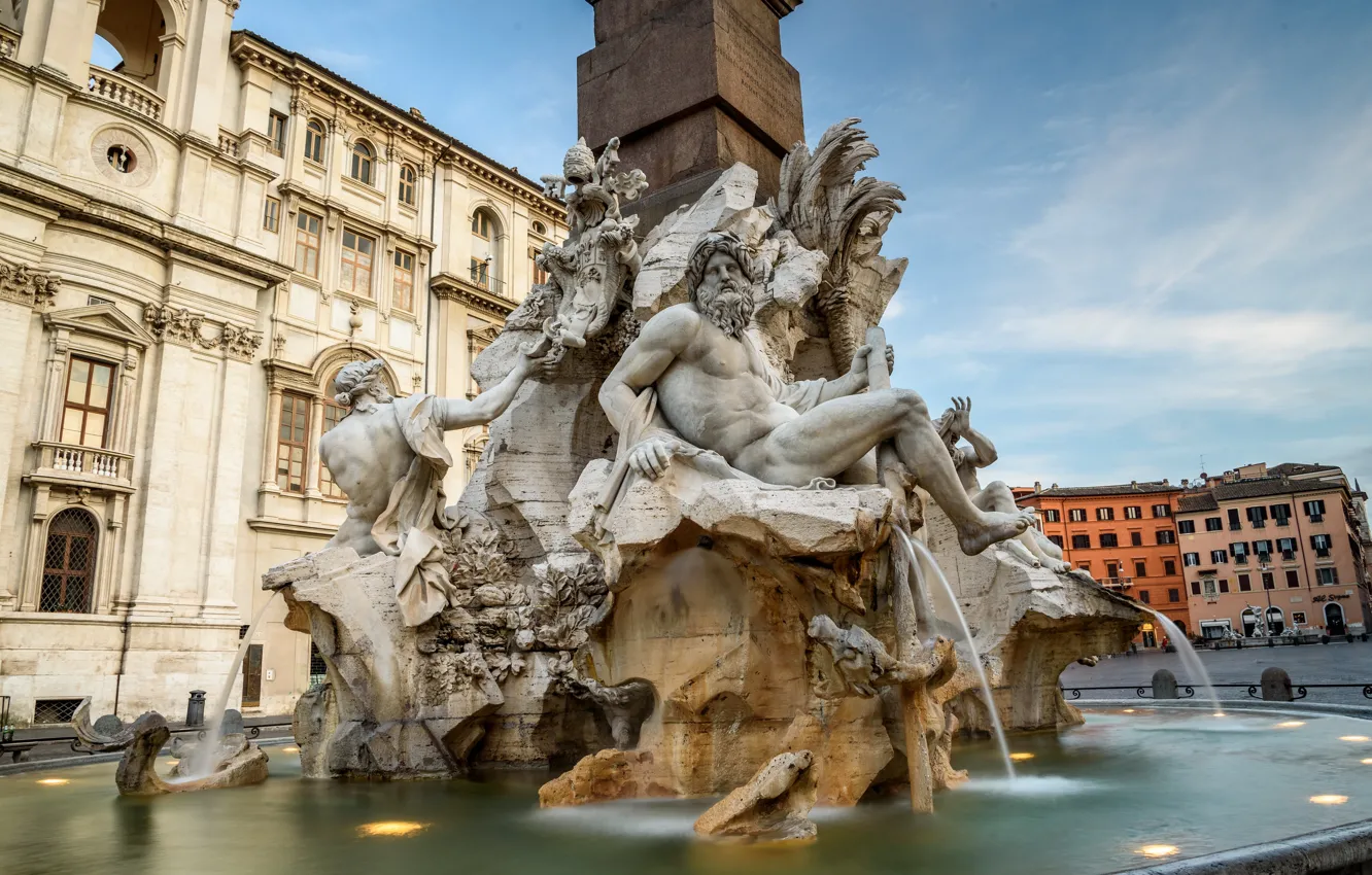 Фото обои Рим, Италия, Пьяцца Навона, фонтан Четырёх Рек