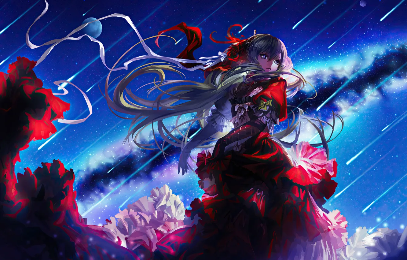 Фото обои небо, аниме, Hatsune Miku, Vocaloid, голубые волосы, anime, звездопад, anime girls