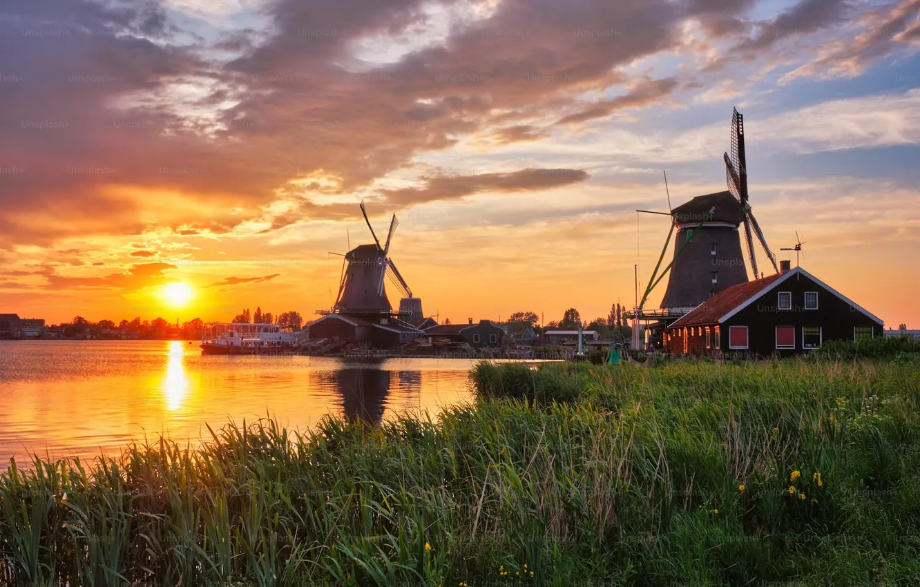 Фото обои water, wind, windmills, the netherlands, zaanse schans