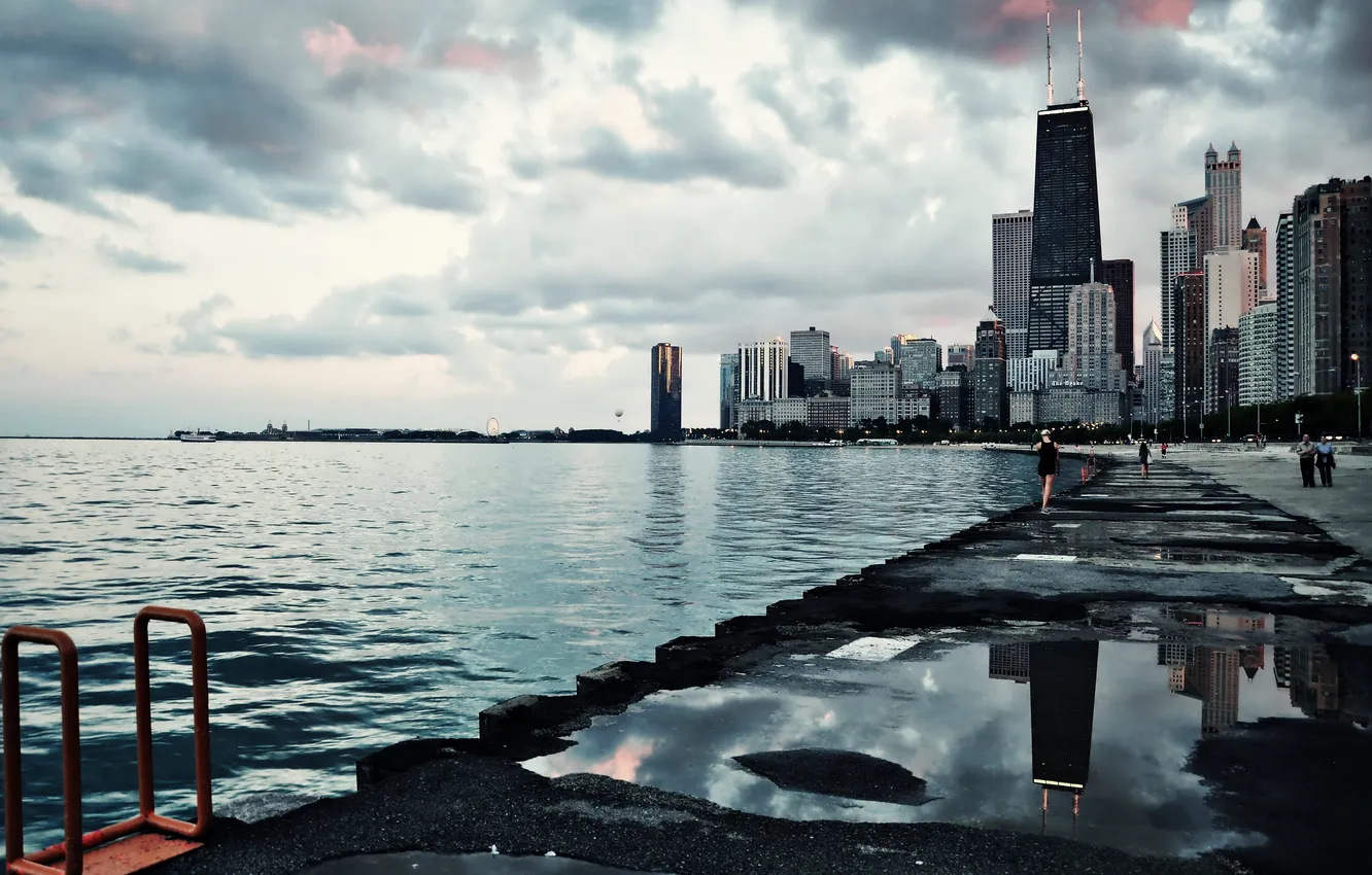 Фото обои город, река, небоскребы, Чикаго, Chicago, Иллиноис