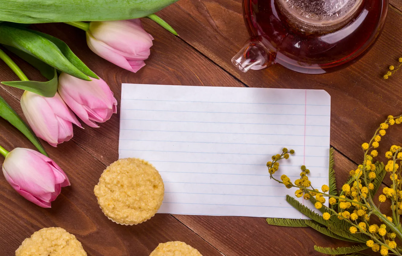 Фото обои лист, чай, тюльпаны, кекс, мимоза