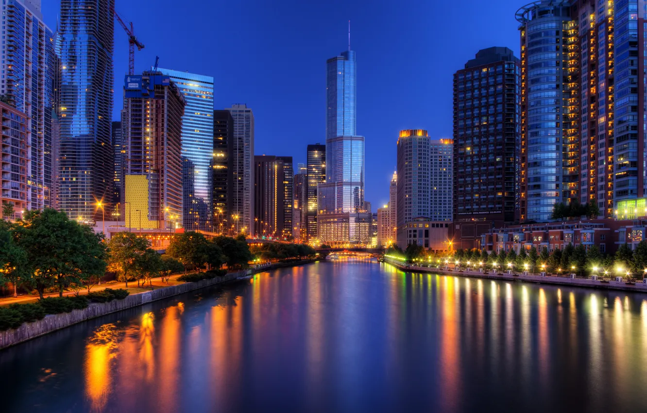 Фото обои ночь, город, огни, небоскребы, Чикаго, США, Chicago, Иллиноис