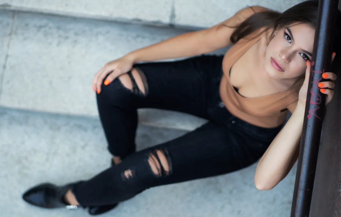 Фото обои Girl, Brunette, Beauty, Steps, Sight