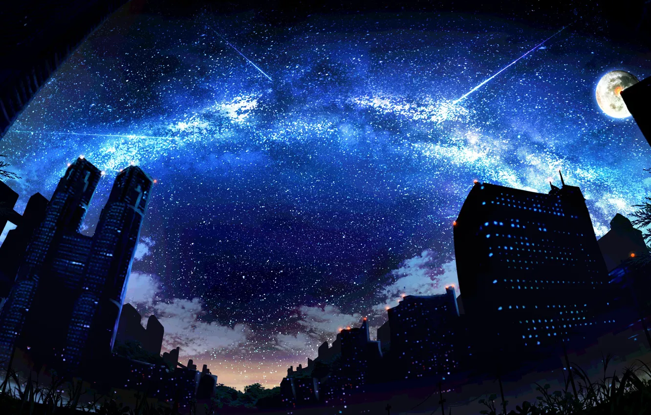Фото обои небо, ночь, город, фантастика