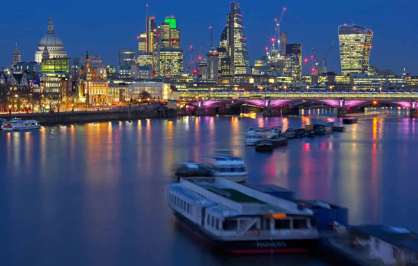 Фото обои ночь, мост, огни, река, Англия, Лондон, собор