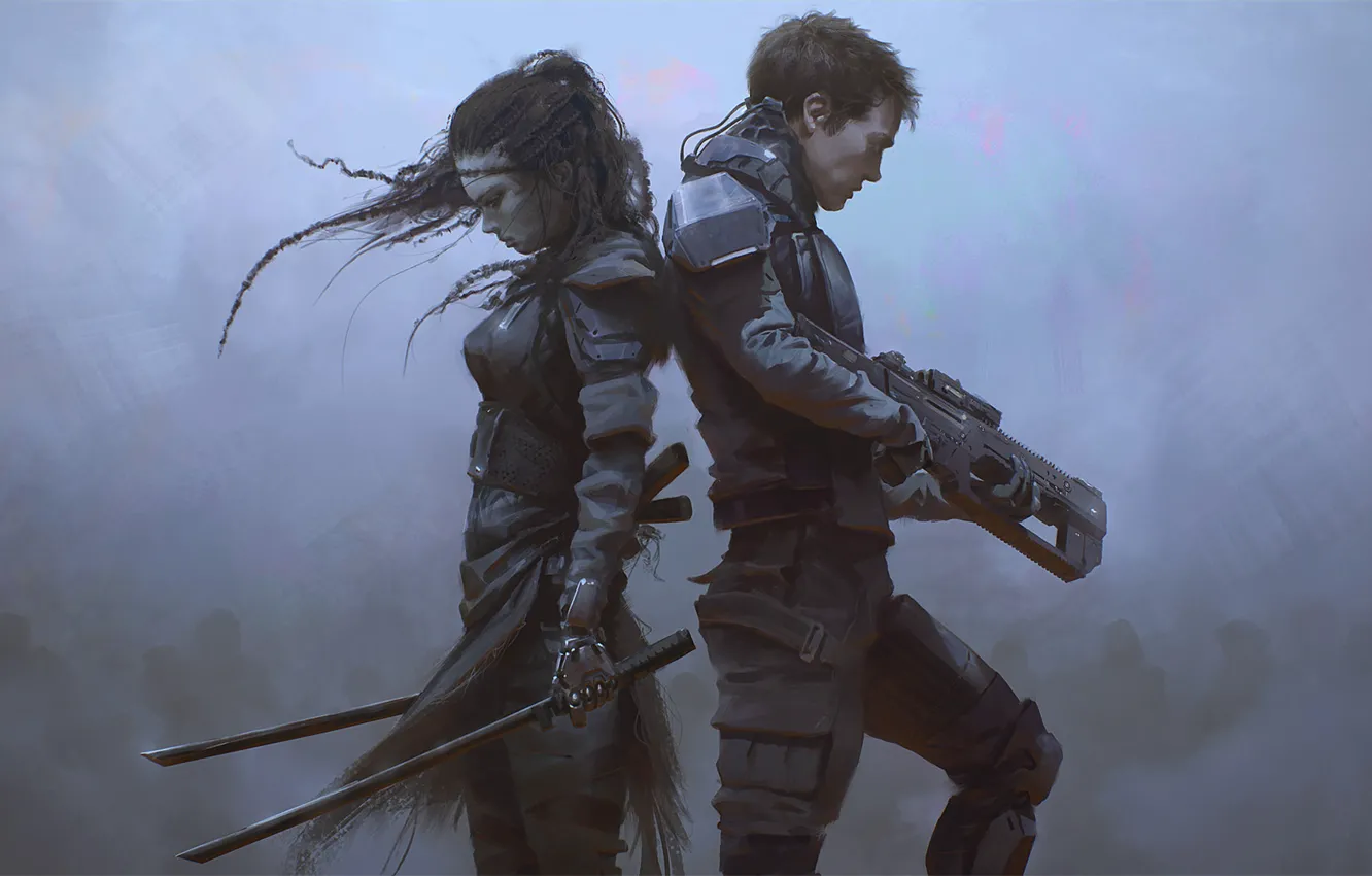 Фото обои девушка, оружие, арт, парень, sci-fi, спина к спине