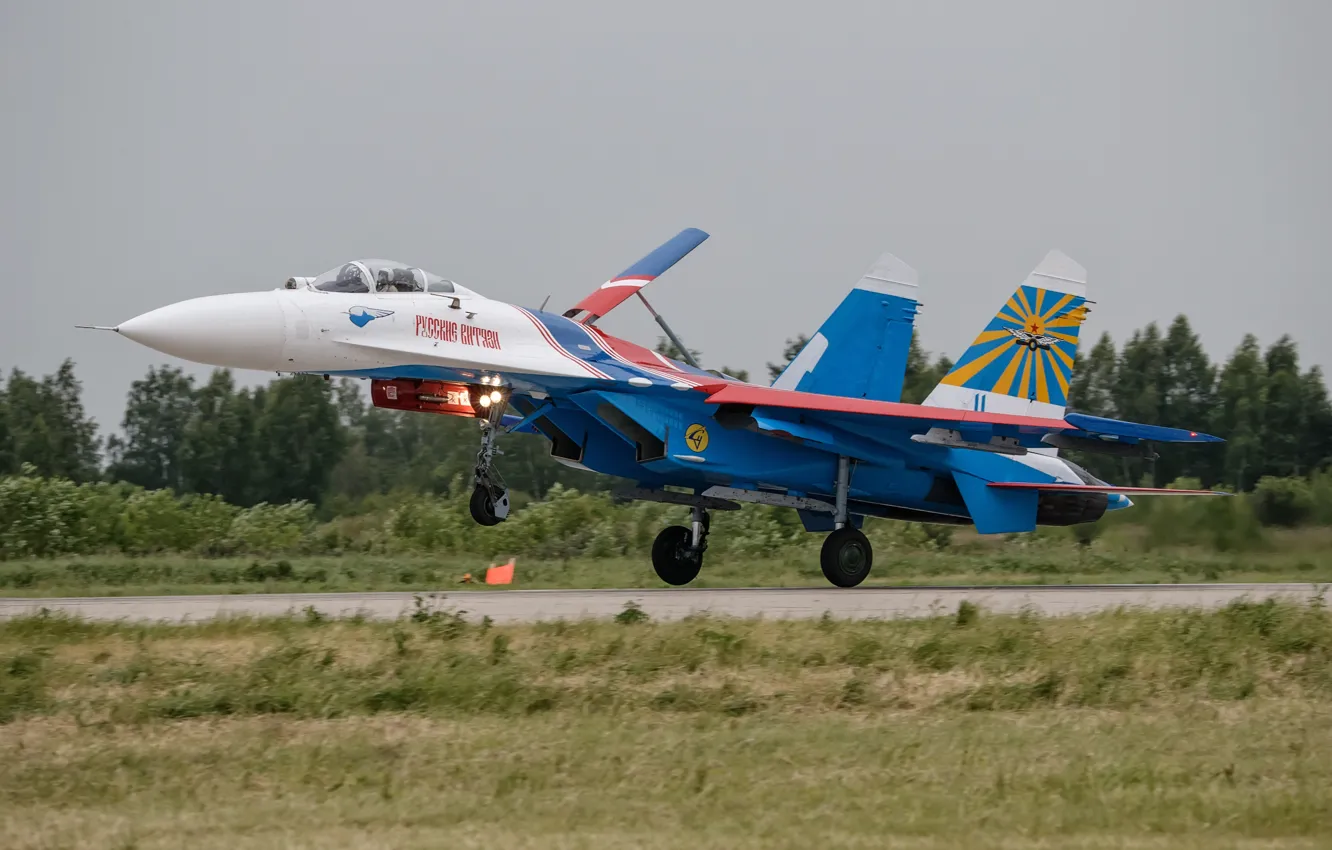 Фото обои истребитель, аэродром, взлет, Су-27