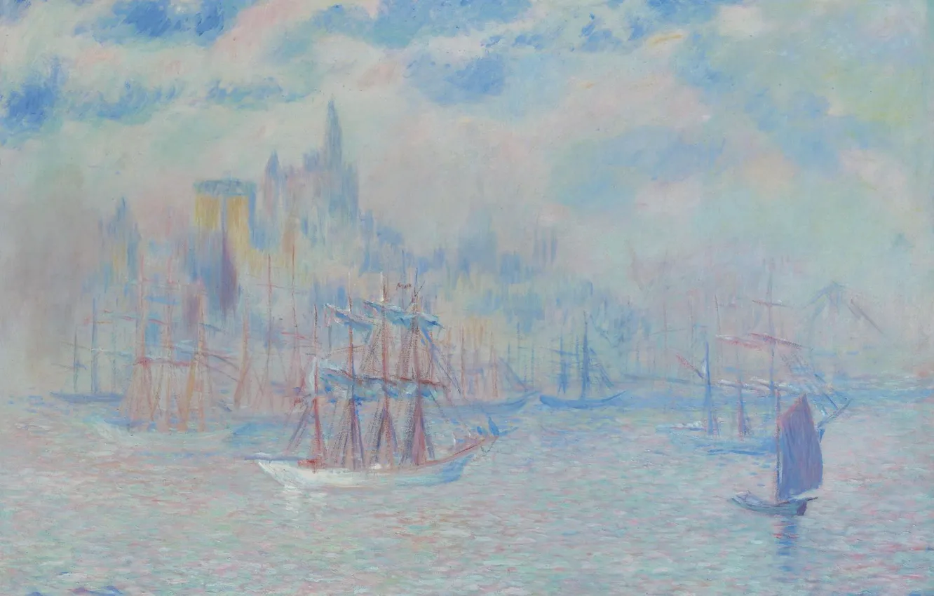 Фото обои корабль, картина, Нью-Йорк, морской пейзаж, Theodore Earl Butler, Ships in the New York Harbor