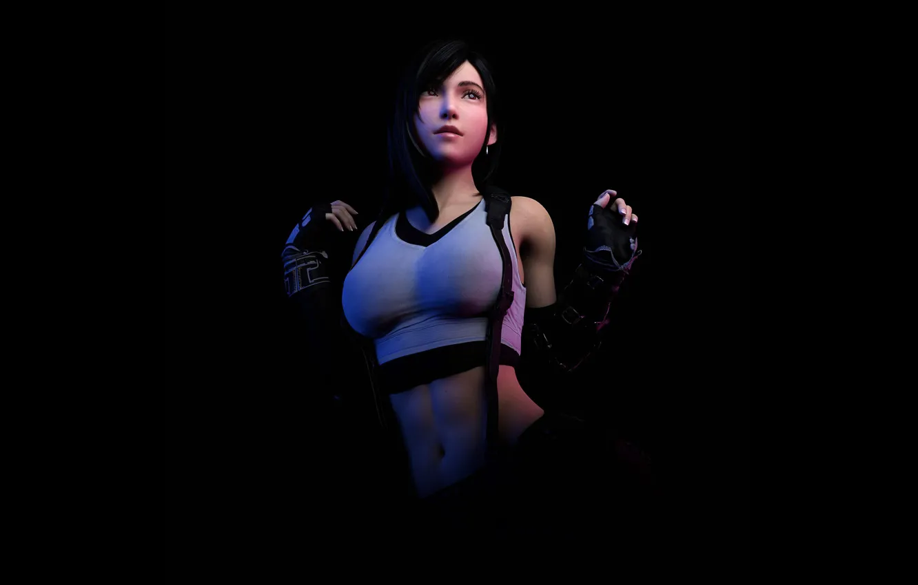Фото обои Final Fantasy, women, brunette, digital art, fan art, black background, t-shirt, gloves