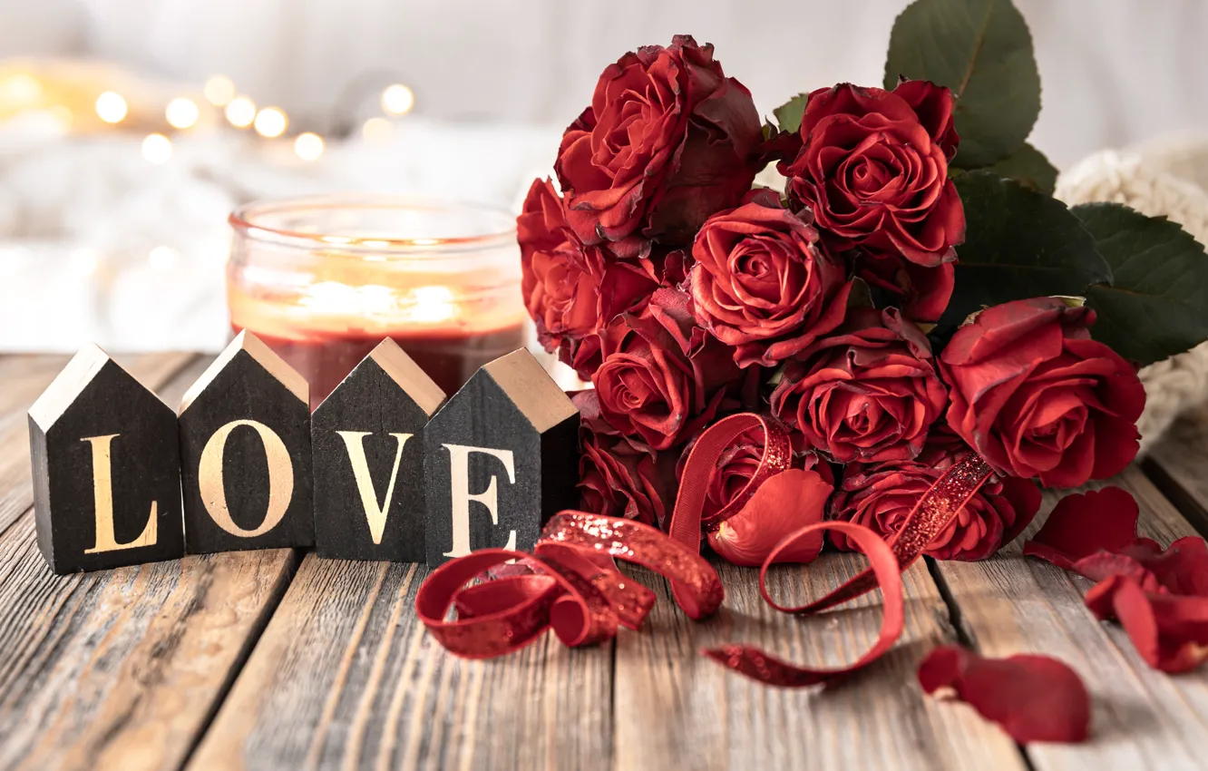 Фото обои цветы, стиль, буквы, доски, розы, букет, лепестки, love