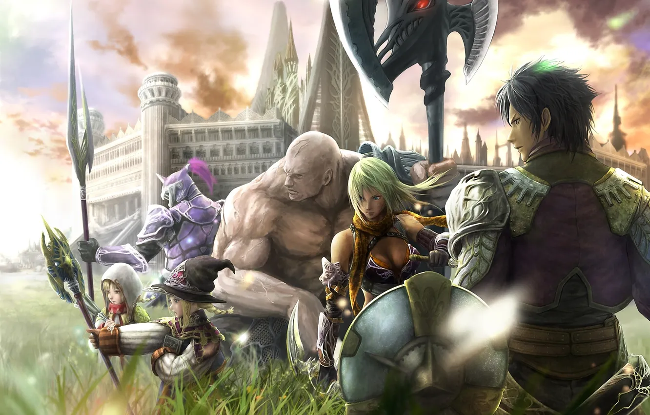 Фото обои трава, город, оружие, арт, щит, final fantasy, персонажи, rinzo