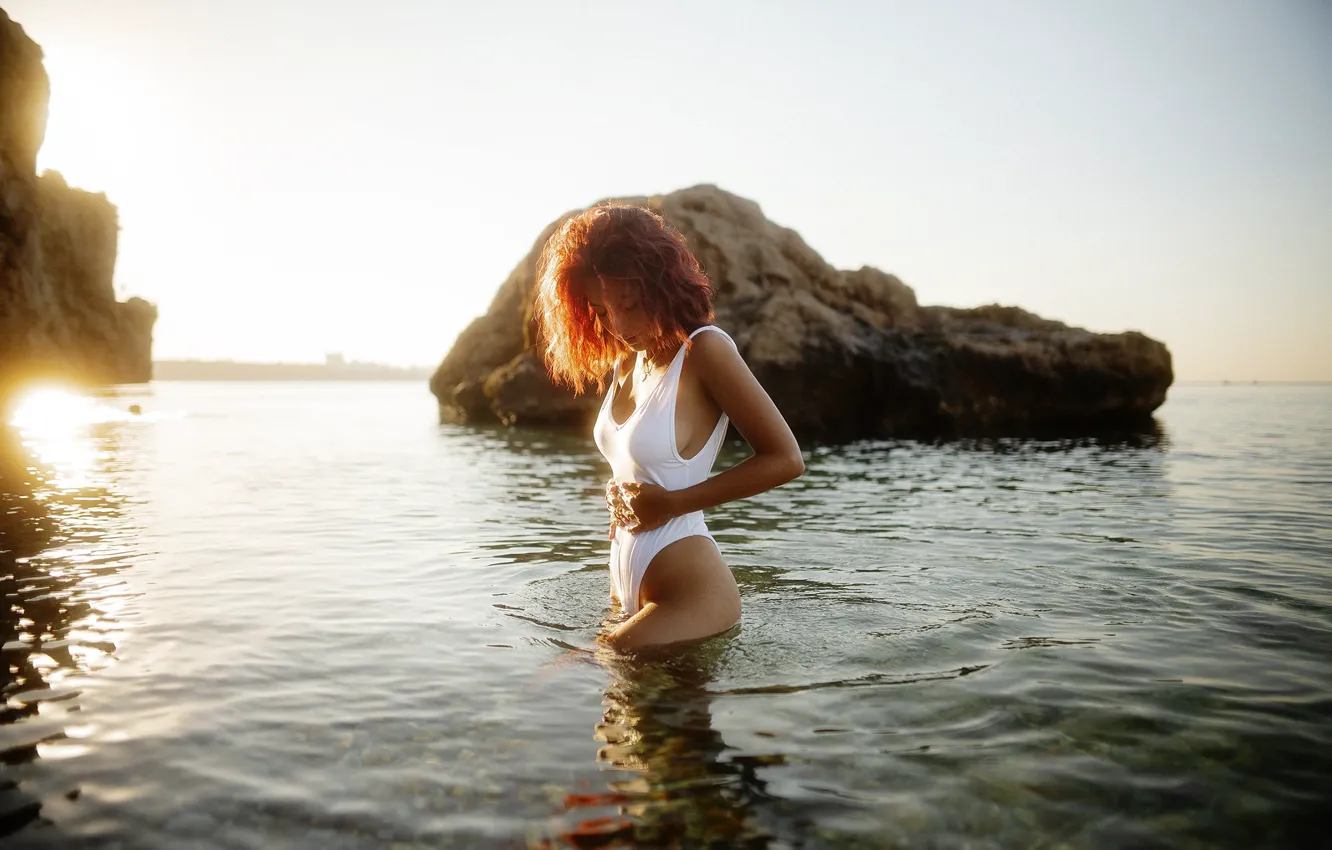 Фото обои море, купальник, девушка, солнце, модель, фигура, красотка, Инна