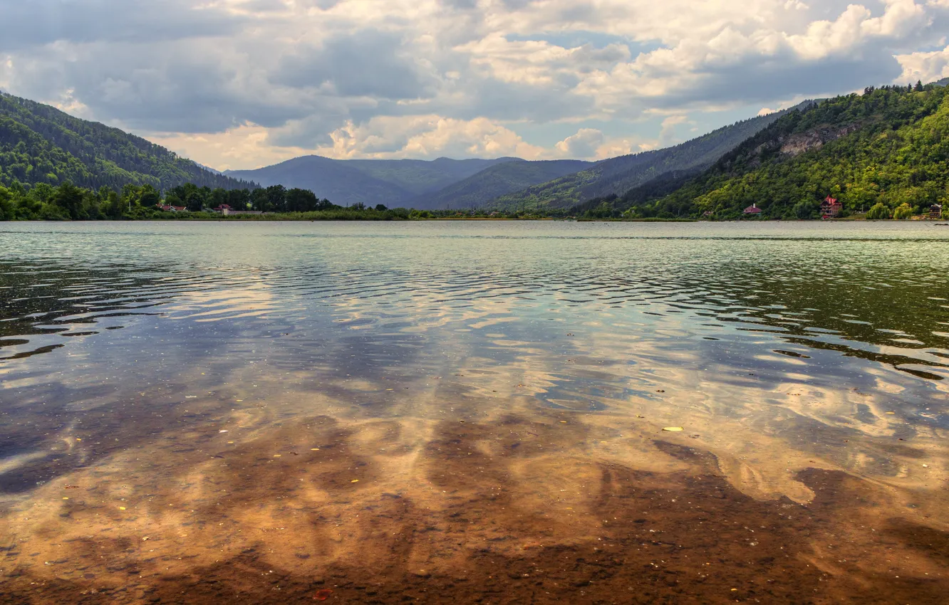 Фото обои лес, горы, берег, дома, водоём