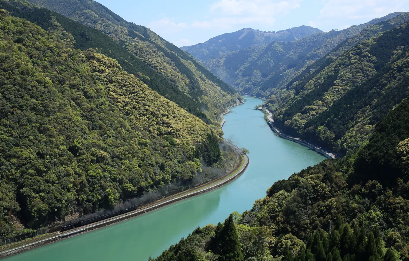 Фото обои лес, пейзаж, горы, река
