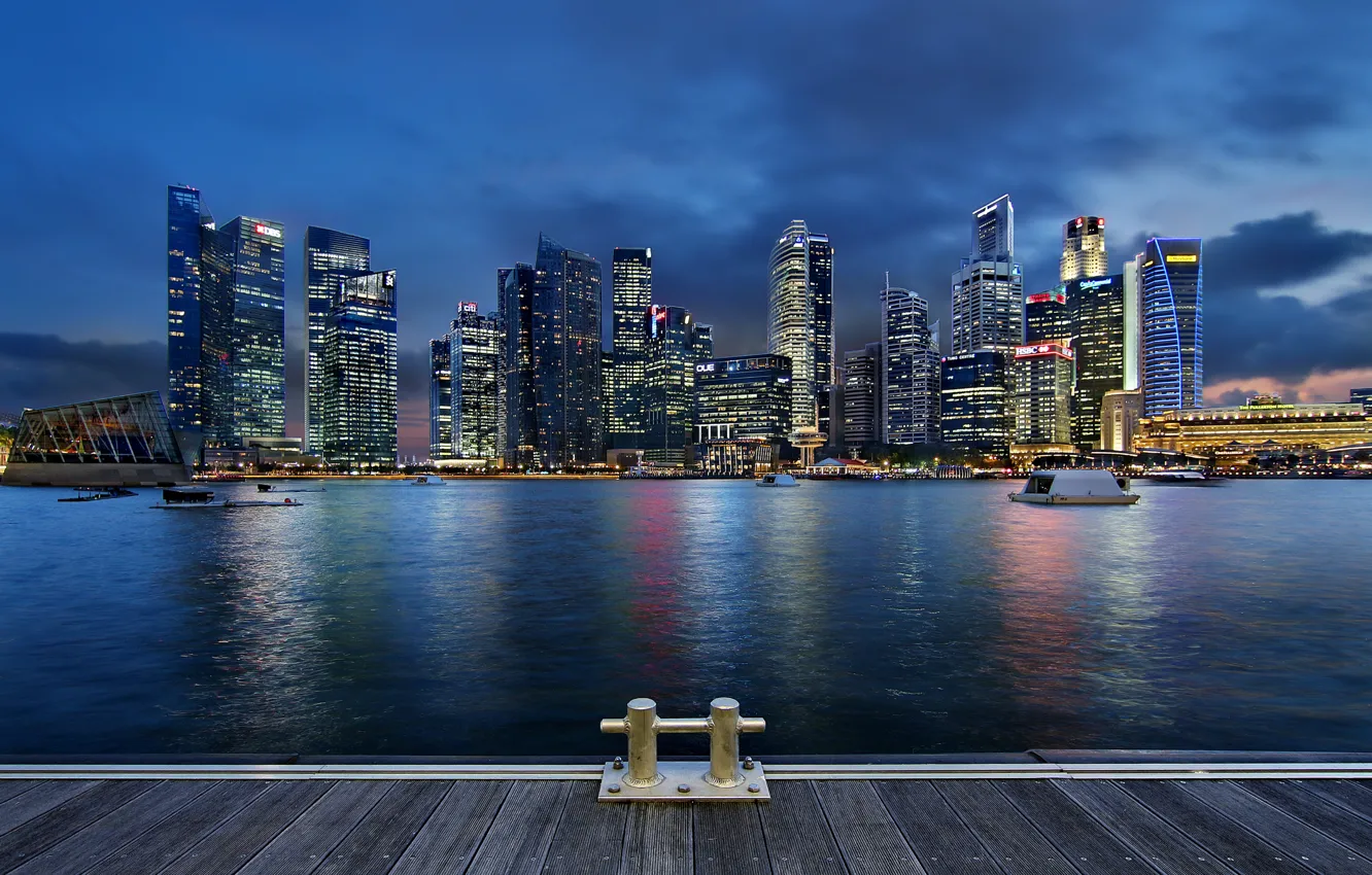 Фото обои облака, ночь, lights, огни, небоскребы, подсветка, залив, Сингапур
