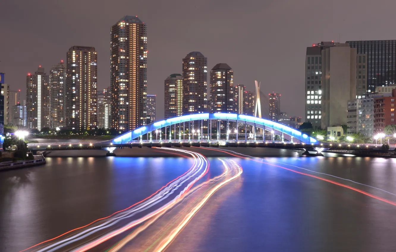 Фото обои мост, река, здания, river, bridge, buildings, огни на реке, lights on river