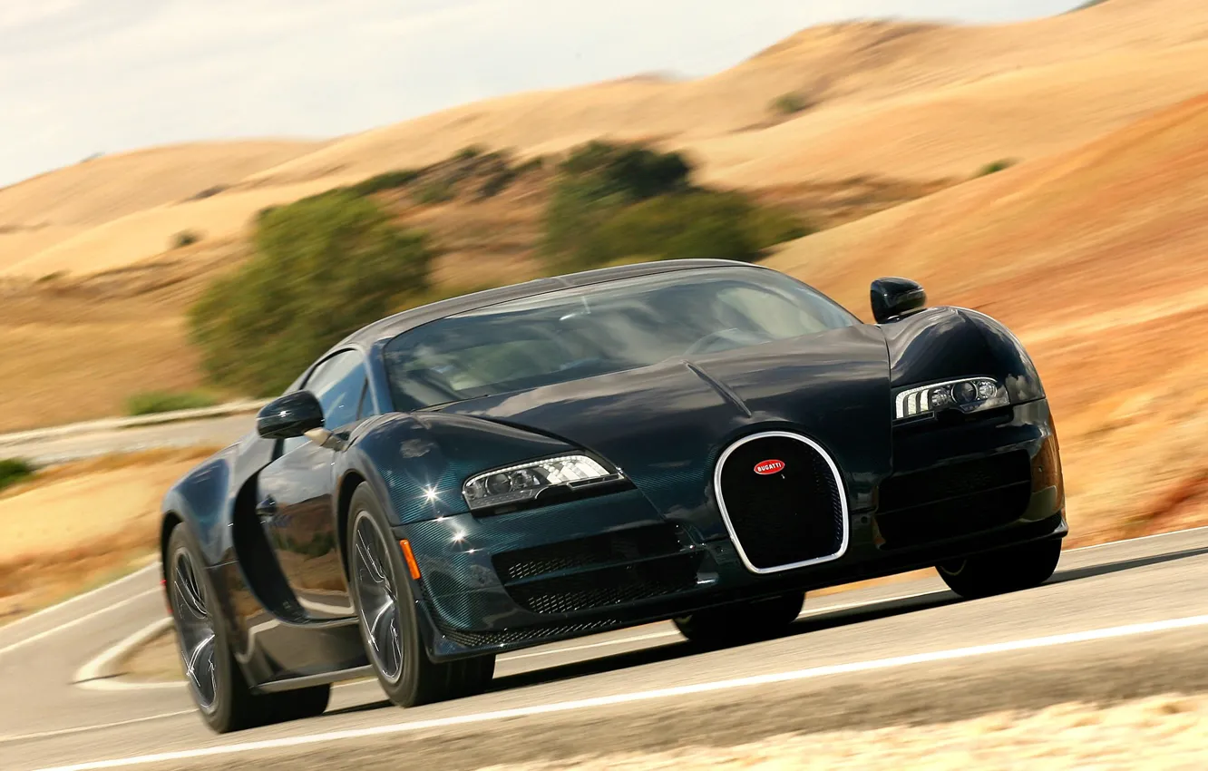 Фото обои дорога, авто, скорость, Bugatti Veyron, передок, Super Sport, 16.4