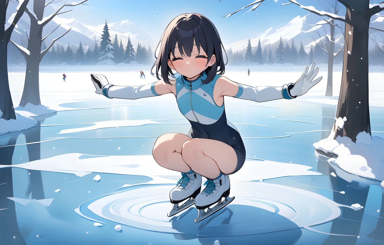 Фото обои ice, winter, anime girls, ice skating, AI art