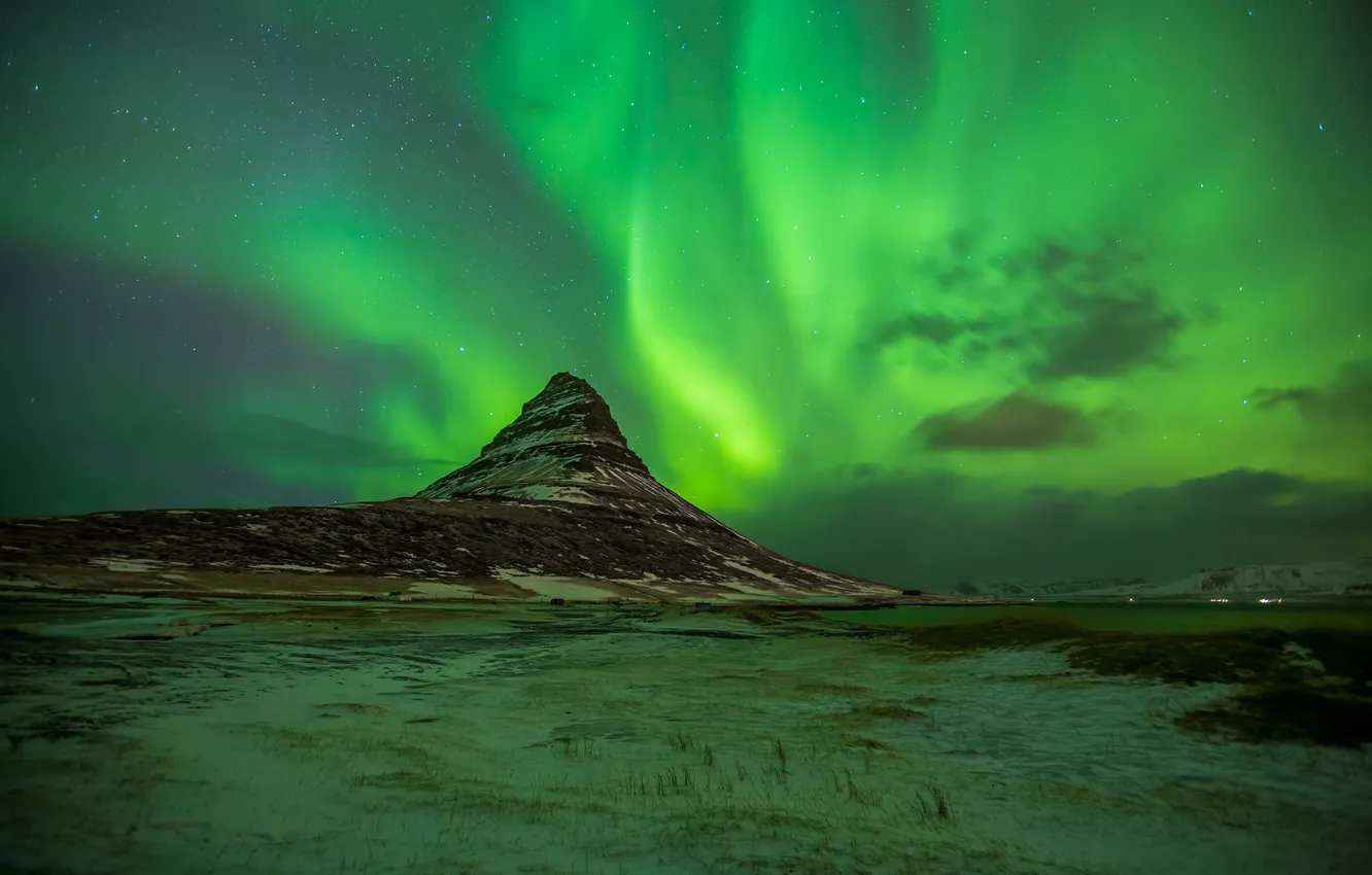 Фото обои гора, Северное сияние, Исландия
